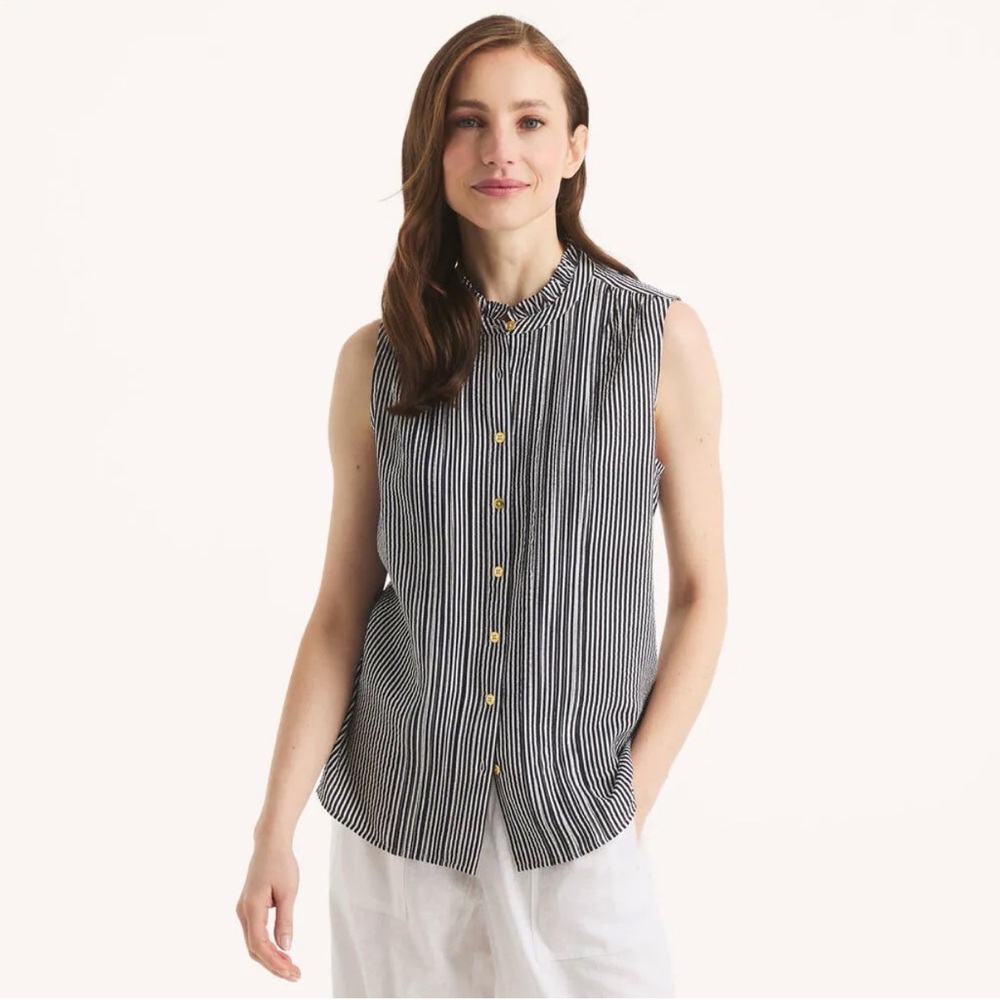 Nautica Striped Pintuck Top Blue White Gold buttons